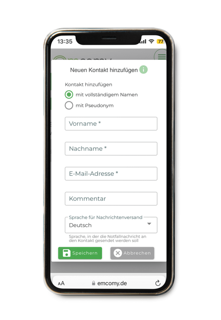 Smartphone Emcomy. Wie man einen Kontakt hinzufügt
