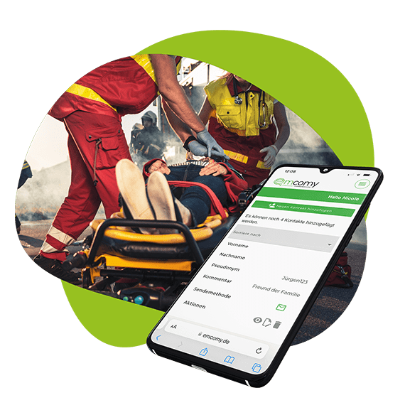 Screenshot der Adressliste in der Emcomy App und im Hintergrund ein Notfallsanitäter